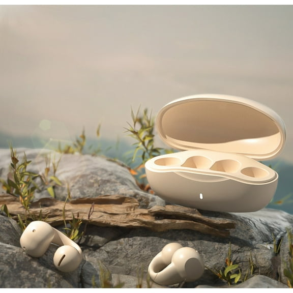 Open Ear Clip On Headphones Bluetooth 5.3 Wireless Earbuds 4 HD Mic with 50 Hours Reproduction LED Display Charging Case, 2025 New Air Conduction Headphones, IPX7 Waterproof Sport Ear Buds(Beige)