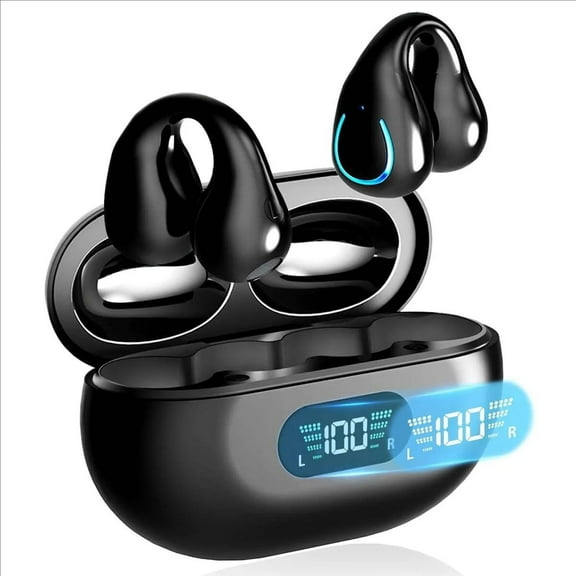 Open Ear Clip Headphones with Earhooks, Byseng Wireless Earbuds Bluetooth 5.3, Bone Conduction Headphones with 250mAh Wireless Charging Case & Display