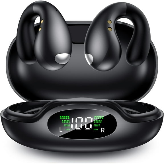 Open Ear Clip Wireless Earbuds Bluetooth 5.3, Sports Earphones Bone Conduction Over-The-Ear Headphones, Wireless Charging Case & Display, Waterproof Fitness Headphones