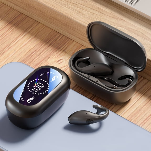 Open Ear Clip on Headphones, Wireless Earbuds Bluetooth 5.3 Sport Earphones Built-in Mic with Ear Hooks Long Playtime Ear Buds LED Display Charging Case, Waterproof Design for Running Fitness, Black