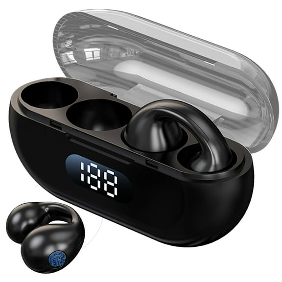 Open Ear Clip on Headphones,Wireless Earbuds Bluetooth 5.3 Sport Earphones with Digital Display Transparent Charging Case,Bone Conduction Headphones with Earhooks for Android Workout