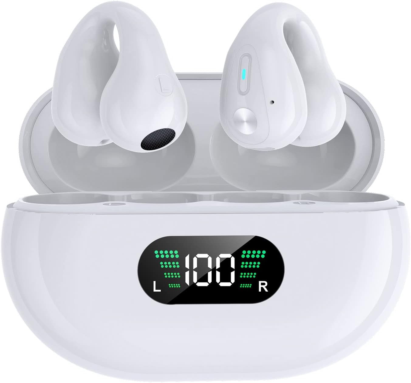 Open Ear Clip Headphones,Wireless Earbuds Bluetooth Sports Bone Conduction Earphones Built-in Mic with Ear Hooks,36H Playtime Charging Case LED Display,Waterproof Fitness Ear Buds for Running,White