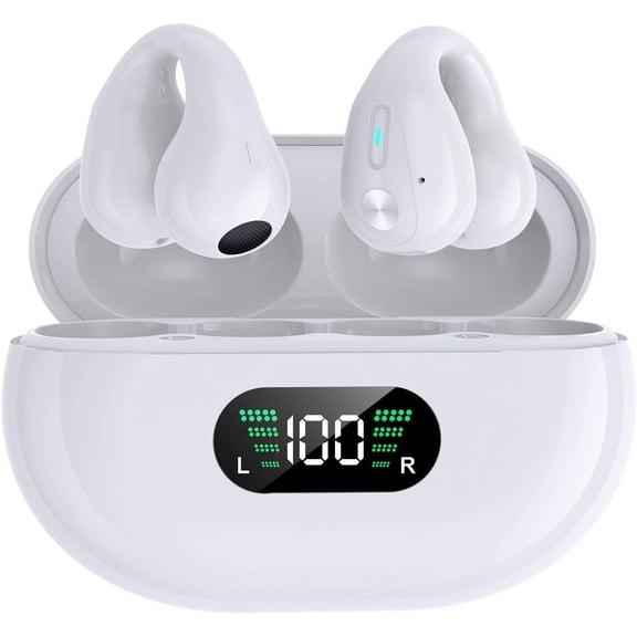 Open Ear Clip Headphones,Wireless Earbuds Bluetooth Sports Bone Conduction Earphones Built-in Mic with Ear Hooks,36H Playtime Charging Case LED Display,Waterproof Fitness Ear Buds for Running,White