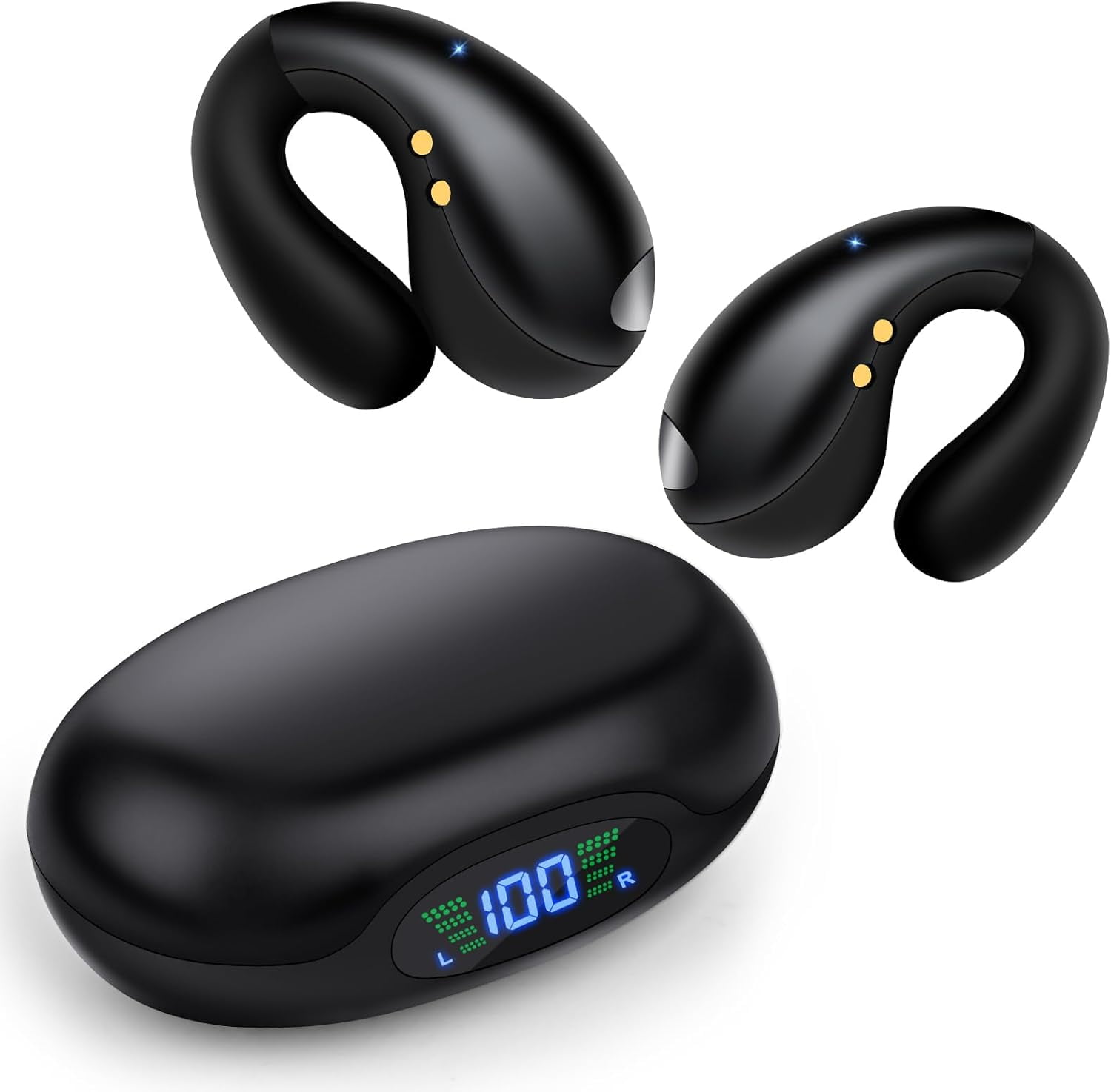 Open Ear Clip-On Earbuds, Wireless Bluetooth Headphones, Comfortable Wear Nice Secure Fit Earphones, Long Playtime, Digital Display Charging Case, Born for Sports (Black)