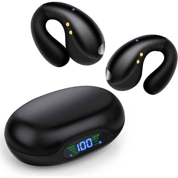 Open Ear Clip-On Earbuds, Wireless Bluetooth Headphones, Comfortable Wear Nice Secure Fit Earphones, Long Playtime, Digital Display Charging Case, Born for Sports (Black)