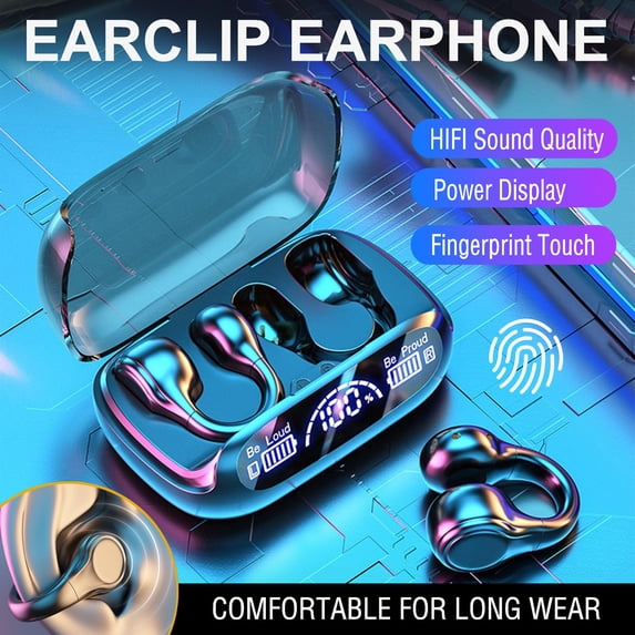 Open Ear Clip On Earbuds, Wireless Earphones with Bluetooth 5.3, Charging Case and Low Latency for Sports, Work, Music and Calls, Black
