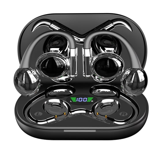 Open Ear Clip Wireless Earbuds Bone Conduction Headphones, Bluetooth 5.3, Open Ear Design, Built-in Mic, IPX5 Waterproof, LED Display Charging Case,Ear Hooks Ear Buds,Design for Running Fitness