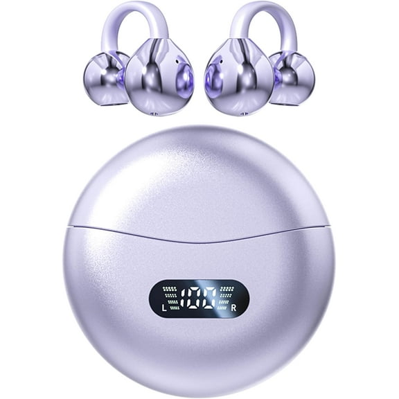 Open Ear Clip freeclip Headphones Wireless Earbuds Bluetooth 5.4 Sports Earphones Wireless Charging Case & LED Power Display Waterproof Fitness Headphones for Running (Purple)