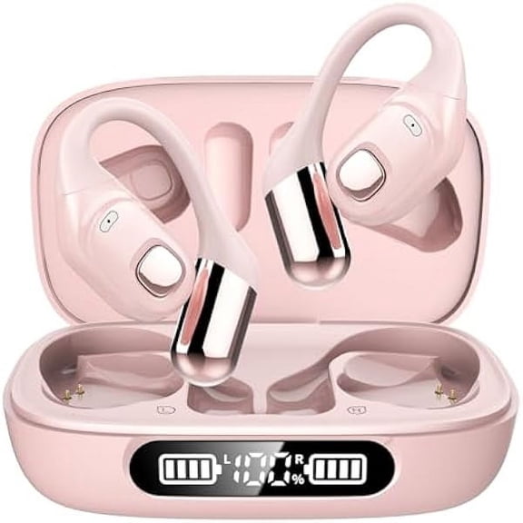 Open Ear Earbuds, Bluetooth 5.3 Wireless Air Conduction Headphones with Mic, LED Display Charging Case&Fast Charging, Ultra-Light Weight, 80H Playtime Earbuds for Work, Sports (Pink)