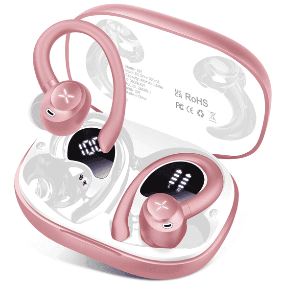 Wireless Earbuds, Bluetooth 5.4 Headphones Sport with 60H Playtime, Wireless ear buds with Deep Bass, Over Earhooks 4 ENC Noise Cancelling Mic, Earphones IP7 Waterproof, LED for Running/Gym, Pink
