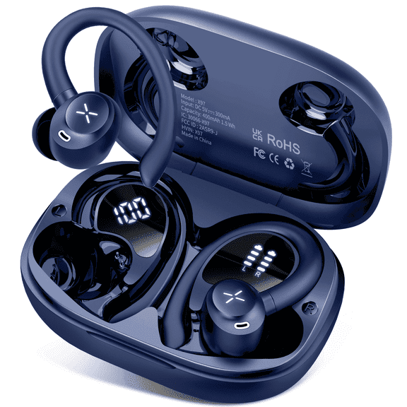 Wireless Earbuds, Bluetooth 5.4 Headphones Sport with 60H Playtime, Bluetooth Earphones with Deep Bass, Over Earhooks 4 ENC Noise Cancelling Mic, Ear buds IP7 Waterproof, LED for Running/Gym, Blue