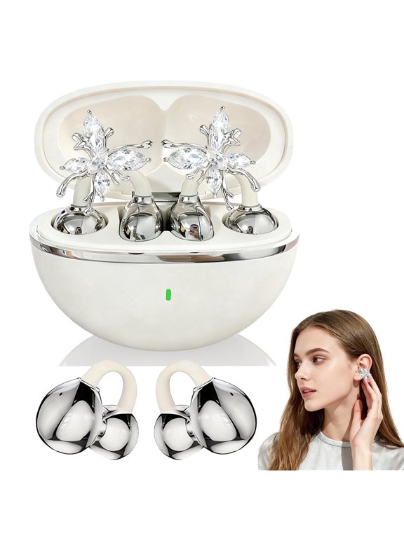 Open Ear Earbuds Clip On Wireless Bluetooth 6.0 Headphones With Mic, Detachable Butterfly Earrings, 50H Playtime Lightweight 4g Comfort Fit For Sports