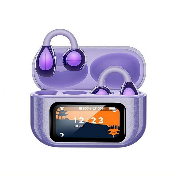 Open Ear Earbuds Clip-on Bluetooth 6.0 Headphones, Waterproof Wireless Sports Earbuds,The Charging case Features a Display Touch Screen, 30H Total Playtime