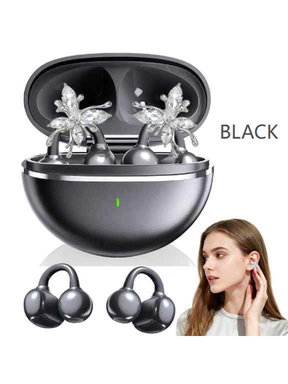 Open Ear Earbuds Clip on Wireless Bluetooth Headphones with Mic, Detachable Butterfly Earrings, 50H Playtime, Light Comfort Fit for Sports