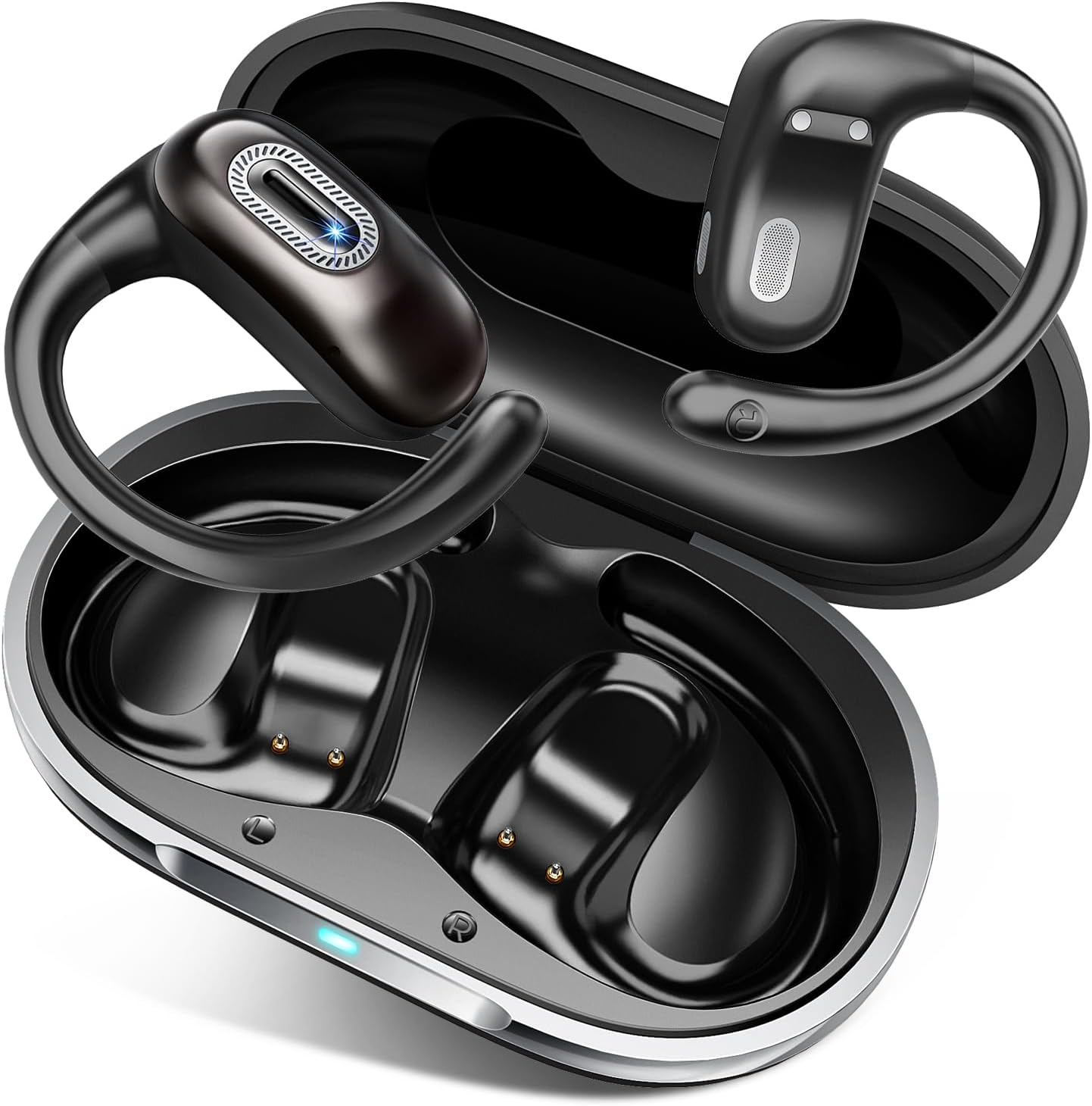 Open Ear Headphones, Bluetooth 5.4 Earbuds, 50H, Air Conduction Ear Buds, HD Stereo Bass Over Ear Earphones with Earhooks, Ultra-Comfort Secure Fit, IPX7 Waterproof Headset for Working Sports