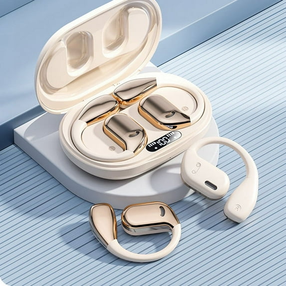 Open Ear Headphones Bluetooth Ear buds 80Hrs Playtime Wireless Earbuds with Earhooks IPX7 Waterproof Touch Control Air Conduction Sport Headsets Bluetooth 5.3 Earphones for Workout Running,Beige