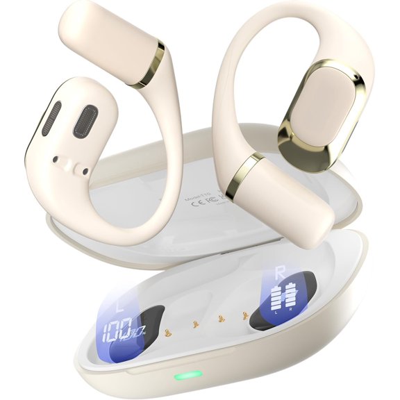 Open Ear Headphones,Earbuds with Earhook, Headphones 5.4 with Digital Display,40H Playtime,IPX6 , Control Earphones Fit Cycling,Running,Workout(Beige)