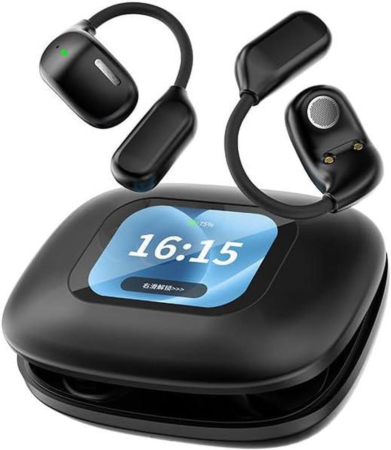 Open Ear Headphones with Touch Screen Air Conduction Earphone Wireless Bluetooth 5.4 Open Ear Headphones with Noise Cancellation, Earbuds with Earhooks for Workout Driving Walking, Black