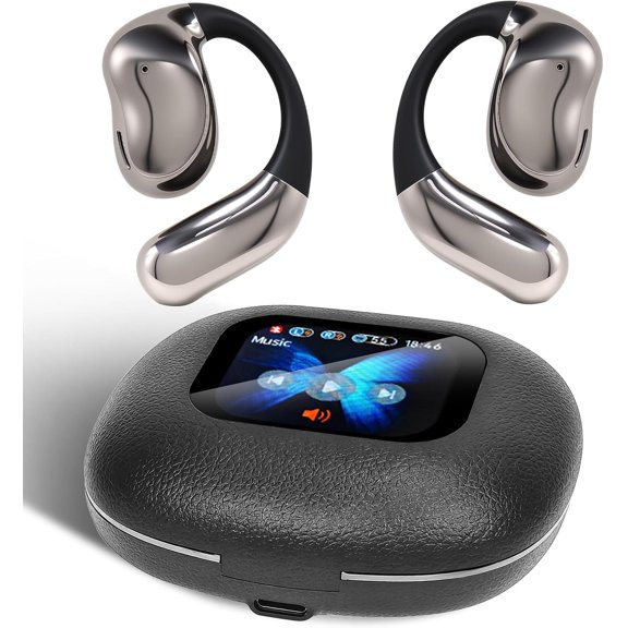 Open Ear Headphones with Touchscreen, Over Ear Bluetooth Earbuds, Black Bluetooth 5.4, 68H Playtime with Charging Case, Over Headphones with Silicone Ear Hooks, for Outdoors Fitness Sport