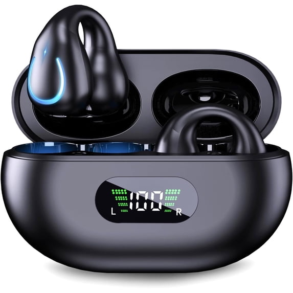 Open Ear Headphones Wireless Bluetooth 5.3 Clip On Earbuds with Digital Display Charging Case Button Control Mini Light-Weight Sport Earphones Built-in Mic IPX7 Waterproof for Running Fitness Black