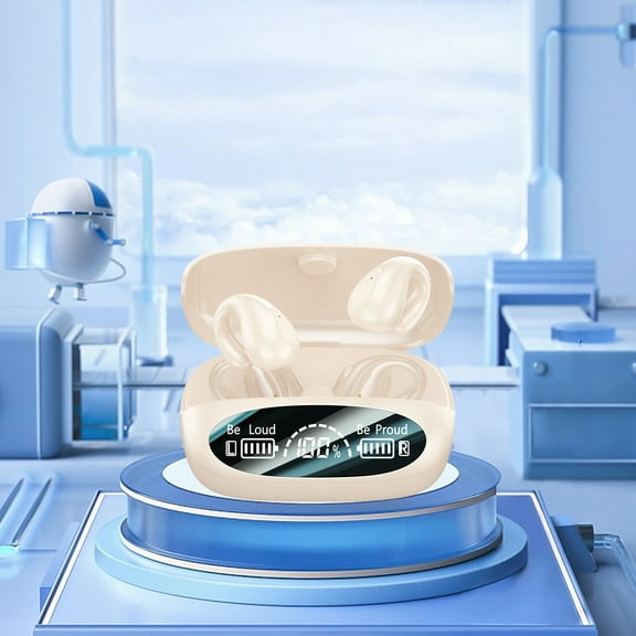 Open Ear Headphones Wireless Bluetooth, Clip-On Earbuds with 4 ENC Noise Cancelling Mic, Stable Fit, Dual Connection, EQ Customized, Sports Earphones for Workout/Running,Beige