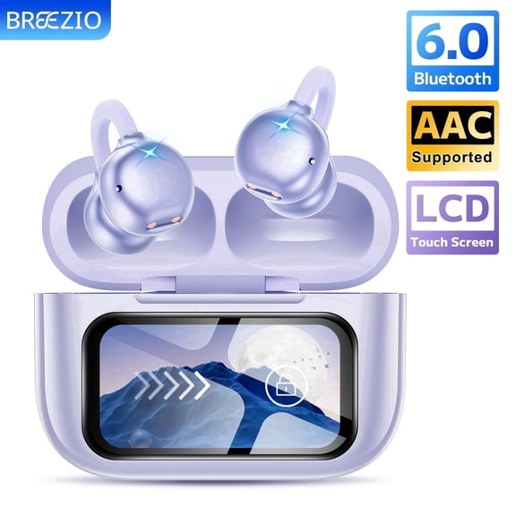 Open-Ear Headphones, Wireless Clip On Earbuds with Touch Screen Charging Case 60H Playtime, Bluetooth6.0, IPX7 Waterproof, Lightweight Comfort, Stable Fit, Open-Ear Safety Design for Workout/Running