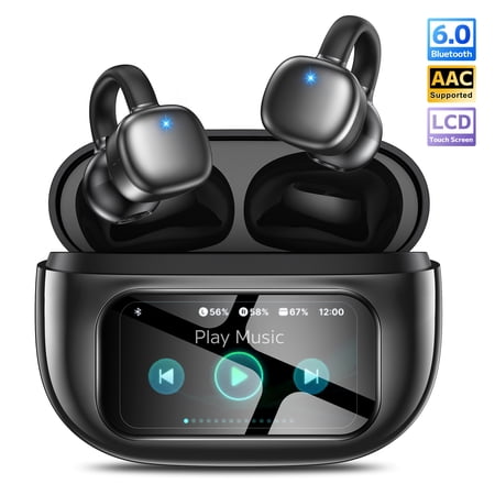 Open-Ear Headphones, Wireless Clip On Earbuds with Touch Screen Charging Case 60H Playtime, Bluetooth 6.0, IPX7 Waterproof, Lightweight Comfort, Stable Fit, Open-Ear Safety Design for Workout/Running