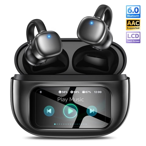 Open-Ear Headphones, Wireless Clip On Earbuds with Touch Screen Charging Case 60H Playtime, Bluetooth 6.0, IPX7 Waterproof, Lightweight Comfort, Stable Fit, Open-Ear Safety Design for Workout/Running