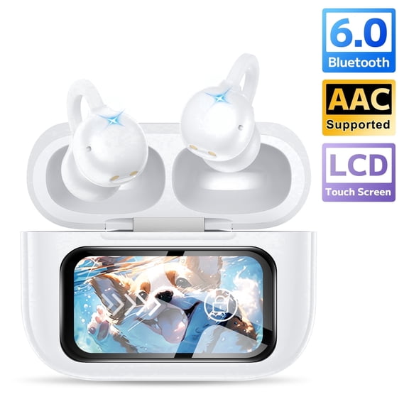 Open-Ear Headphones, Wireless Clip On Earbuds with Touch Screen Charging Case 60H Playtime, Bluetooth 6.0, IPX7 Waterproof, Lightweight Comfort, Stable Fit, Open-Ear Safety Design for Workout/Running