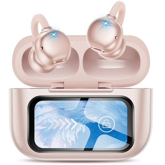 Open-Ear Headphones, Wireless Clip On Earbuds with Touch Screen Charging Case 60H Playtime, Bluetooth 6.0, IPX7 Waterproof, Lightweight Comfort, Stable Fit, Open-Ear Safety Design for Workout/Running