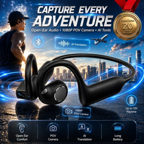 Open Ear Headphones with 8MP EIS Stabilized Camera, Bluetooth POV Recording Headset