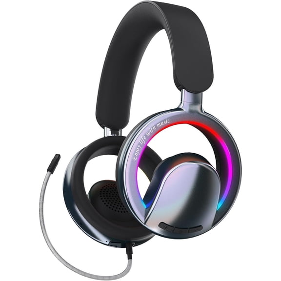 Open Ear Open-Back Headphones Wireless Bluetooth Gaming Headset with Mic for PC Switch Xbox One PS4 PS5, 3.5mm Wired Breathable Lightweight Over Ear Headphones with Microphones Adjustable RGB Light