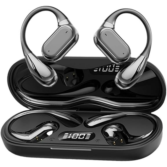 Open Ear Wireless Bluetooth Headphones, Pain-Free Air Conduction Ear Buds with LED Digital Display Charging Case, Sweat Resistant for Running, Safe Driving, and Extended Daily Use (Elegant Black)