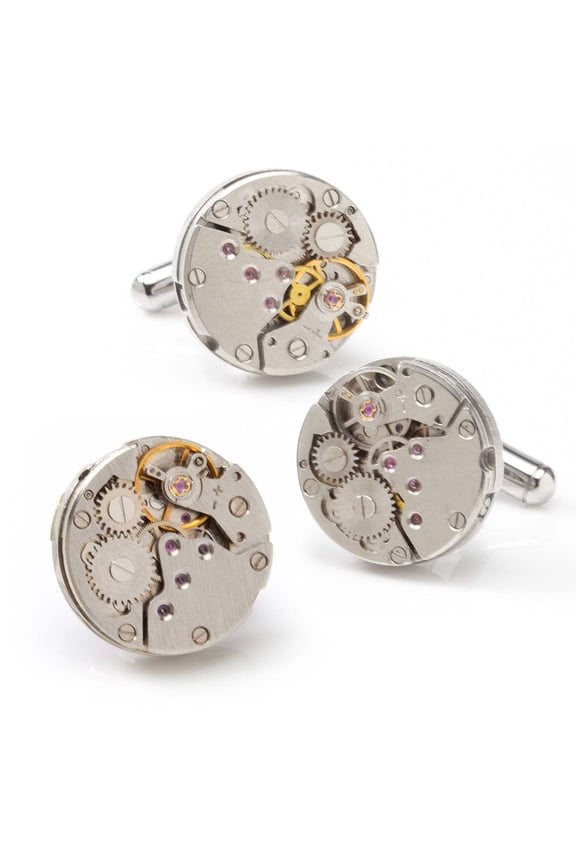 Open Edge Skeleton Watch Movement Cufflinks and Lapel Pin Gift Set