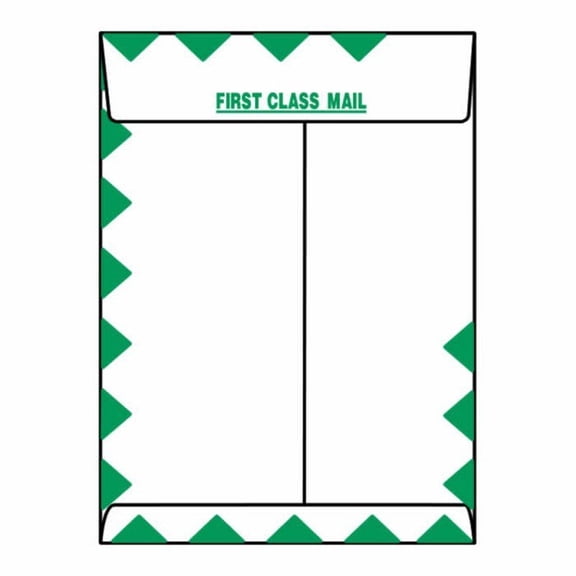 Open End First Class Catalog Envelopes, 10" x 13", 25#, Green Diamond Border, White Paper/Poly/Paper, 'First Class Mail' on Face & Flap (Box of 500)