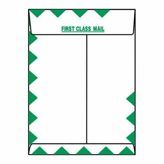 Open End First Class Catalog Envelopes, 9"x12", 25#, Green Diamond Border, White Paper, First Class Mail on Face & Flap