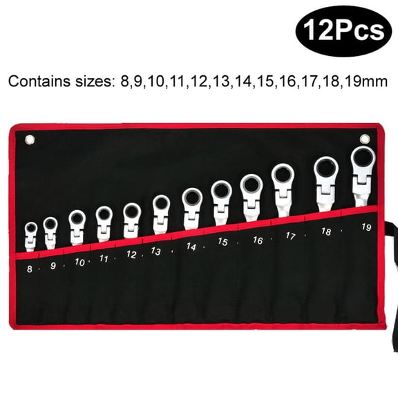 Open End Ratchet Wrench, Ratcheting Wrench Set, 8 to 19 In, Chrome Vanadium Alloy, Flex Head Ratcheting Wrench Set, Wrench Set Metric and Standard, Maintenance Tools, 12 Pc, Black