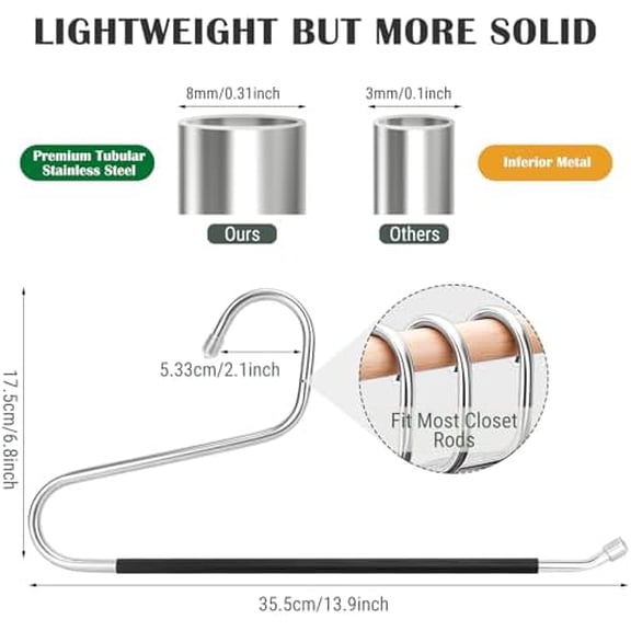 Open Ended Pants Jean Hangers - Stainless Steel Jeans Hangers 10 Pack 8 mm Thick, Versatile Non-Slip Hangers for Heavy Pants, Jeans, Trousers, Scarf, Space Saving Clothes Hangers for Women Men