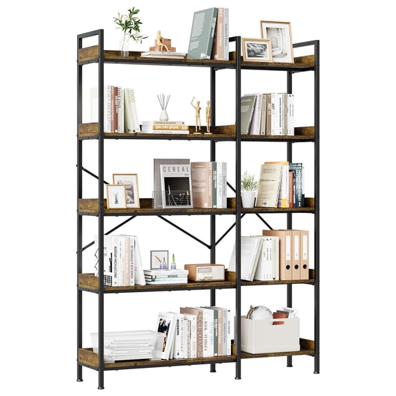 Open Etagere Bookshelf with 5 Tiers, Decorative Room Divider Display Rack, Tall Standing Bookcase for Living Room Home Office Entryway, Rustic Brown