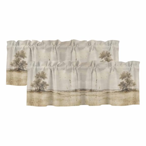 Open Field 2 Panels Kitchen Valance, Rustic Prairie Green Prairie Grass Tree Clouds Landscape Curtains Valances for Small Windows Rod Pocket Window Treatments for Living Room Bedroom 42" W x 12" L