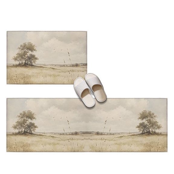 Open Field 2 Pieces Non-Slip Kitchen Mat Set, Rustic Prairie Green Prairie Grass Tree Clouds Landscape Soft Door Mat with Rubber Backing, Dirtproof Rugs for Entrance Doorway, 15.7x23.6in+15.7x47.2in