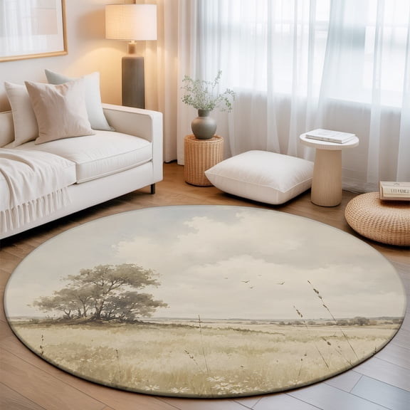 Open Field 8' Round Rugs for Open Concept Living Room Seating Zone, Rustic Prairie Green Prairie Grass Tree Clouds Landscape Washable Non Slip Mats Large Circle Lounge Area Area Rug