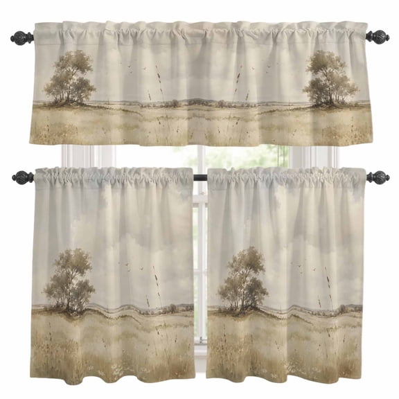 Open Field Kitchen Curtains Valances 3 Piece Set, Rustic Prairie Green Prairie Grass Tree Clouds Landscape Rod Pocket Tier Curtain and Valance Drapes for Small Window 36 Inch Length for Bedroom Cafe