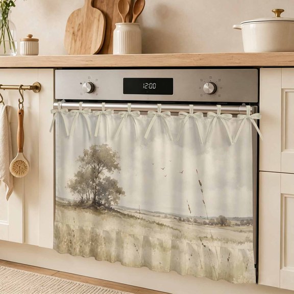 Open Field Oven Curtain Skirt Rustic Prairie Green Prairie Grass Tree Clouds Landscape Stove Cover Skirt Tie Top Kitchen Decorative Stove Curtain with Ribbon Ties for Dishwasher Cabinet 27"x20"