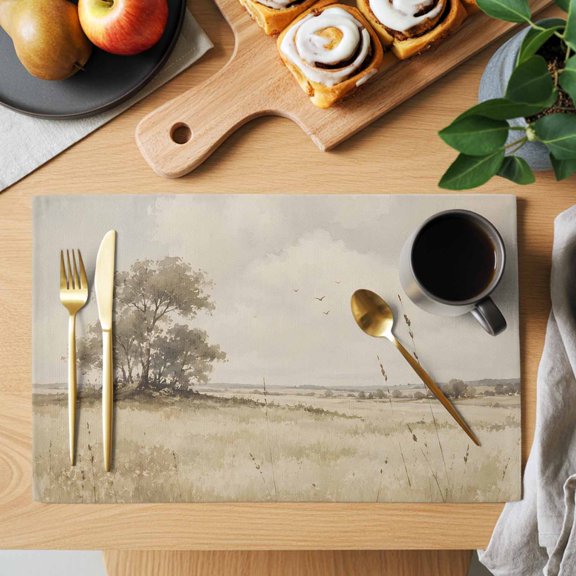 Open Field Placemats Set of 1 Rustic Prairie Green Prairie Grass Tree Clouds Landscape Heat Insulation Washable Place Mats, Non-Slip Table Mats for Dining Table Party Kitchen Decor, 13x19 Inch
