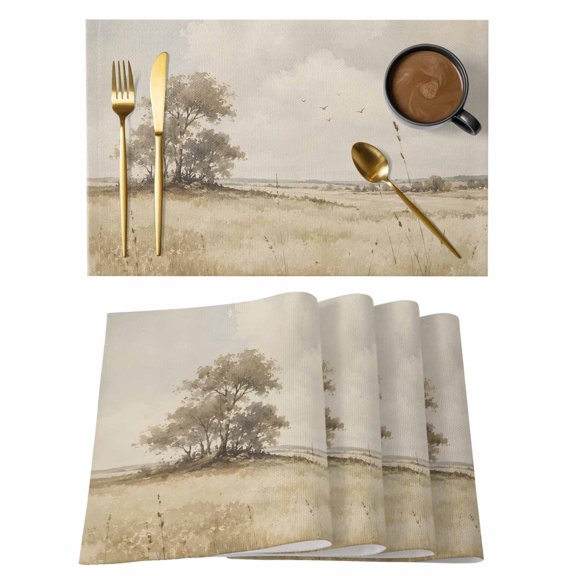 Open Field Placemats Set of 4, Rustic Prairie Green Prairie Grass Tree Clouds Landscape Washable Place Mats for Kitchen, Heat Insulation Table Mats Foldable Dining Table Decoration 13 x 19 Inch
