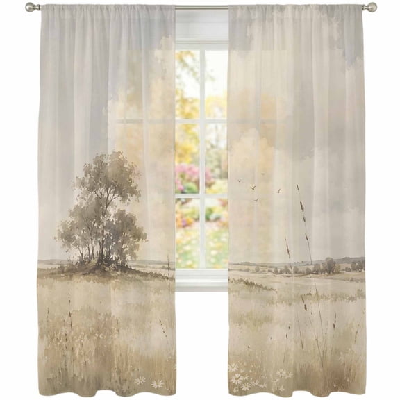 Open Field Sheer Curtains 108 Inches Long 2 Panels, Rustic Prairie Green Prairie Grass Tree Clouds Landscape Semi Sheer Rod Pocket Window Curtains Light Filtering Drapes for Living Room Bedroom