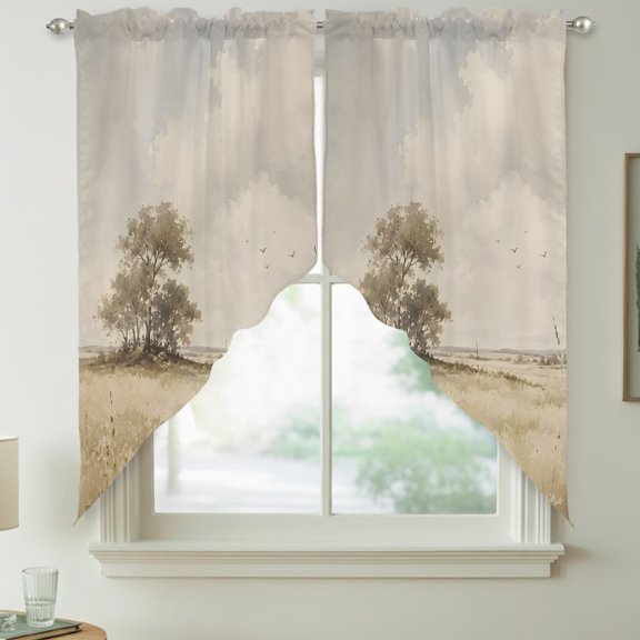 Open Field Swag Curtain Valances for Kitchen, Rustic Prairie Green Prairie Grass Tree Clouds Landscape Rod Pocket Curtains Window Treatment Swag Valance for Bedroom Bathroom, 2 Panels 28 x 36 Inch