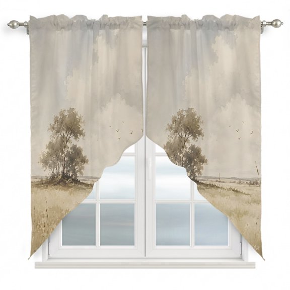 Open Field Swag Valance Curtains Rustic Prairie Green Prairie Grass Tree Clouds Landscape Rod Pocket Swag Curtains Small Window Treatments for Kitchen Bathroom Bedroom 28" W x 36" L, 2 Panels