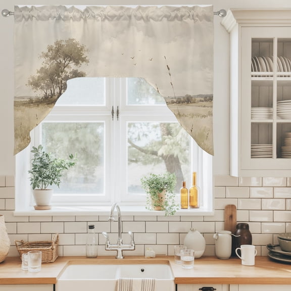 Open Field Swag Valance for Windows, Rustic Prairie Green Prairie Grass Tree Clouds Landscape Swag Curtains Valances for Small Window Treatment Rod Pocket for Kitchen Bathroom 1 Panel 56x36in